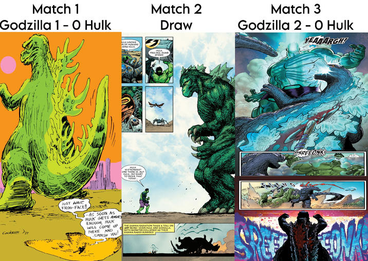 Match 1 Godzilla 1 – O Hulk CockRU!!! JULK KNOWS IN OF HUMANS USING HULK. HULK IS STRONGEST ONE THERE IS...BUT HULK...NO WANT TO PROVE THAT TODAY Match 2 Draw HULK FREE BIG, DUMB SPIDER! JUST WAIT FROG-FACE! www AS SOON AS HULK GETS ANGRY ENOUGH, HULK WILL COME UP THERE AND SMASH YOU! THE GAMMA RADIATION TAKES A TOLL ON ANY BEING--EVEN HULK AND GODZILLA BOTH MONSTER COLLAPSED AS THEIR GAMMA RAGES SUBSIDED. Match 3 Godzilla 2 - O Hulk YEAAARGH! SKREEONKI