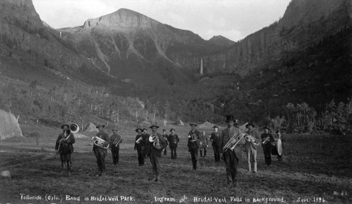 No. 43. Telluride, (Golo. Band in Bridal Veil Park. Ingram And Bridal-Veil Falls in Background. Sept. 1886.