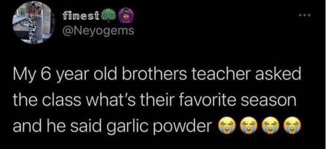 finest @Neyogems My 6 year old brothers teacher asked the class what's their favorite season and he said garlic powder