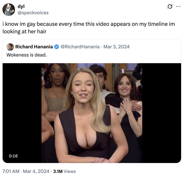 A precursor to the Mr. H--- Over Here Looking at Her Hair "tweet":https://knowyourmeme.com/memes/sites/twitter-x, concerning a video of "Sydney Sweeney":https://knowyourmeme.com/memes/people/sydney-sweeney on "_SNL_":https://knowyourmeme.com/memes/subcultures/saturday-night-live.