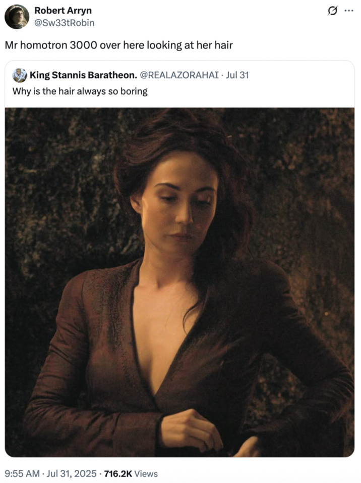 X user @Sw33tRobin quote-tweeted a post that asked, "Why is the hair always so boring," about actress Carice van Houten in "_Game of Thrones_":https://knowyourmeme.com/memes/subcultures/game-of-thrones. @Sw33tRobin wrote, "Mr. Homotron 3000 over here looking at her hair," gaining over 25,000 likes in three months.
