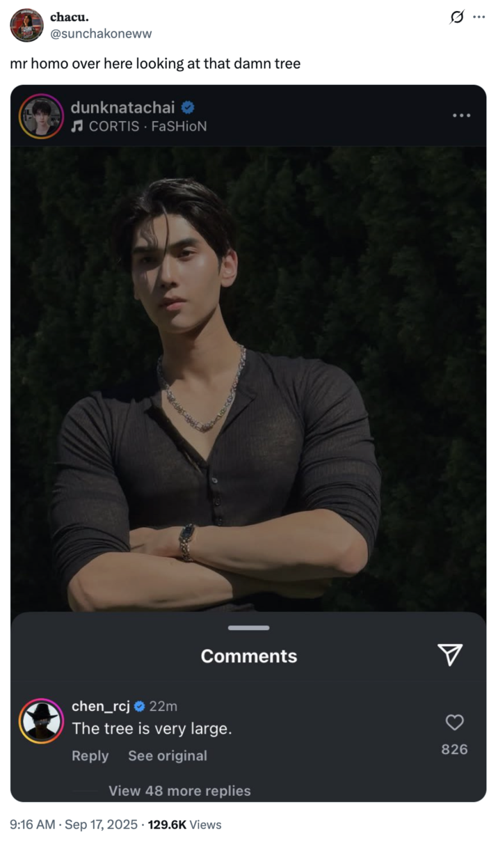 A "tweet":https://knowyourmeme.com/memes/sites/twitter-x about a comment left on a Natachai Boonprasert
 "Instagram":https://knowyourmeme.com/memes/sites/instagram post.