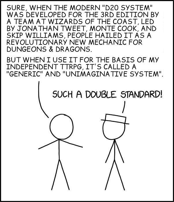 SURE, WHEN THE MODERN "D20 SYSTEM" WAS DEVELOPED FOR THE 3RD EDITION BY A TEAM AT WIZARDS OF THE COAST, LED BY JONATHAN TWEET, MONTE COOK, AND SKIP WILLIAMS, PEOPLE HAILED IT AS A REVOLUTIONARY NEW MECHANIC FOR DUNGEONS & DRAGONS. BUT WHEN I USE IT FOR THE BASIS OF MY INDEPENDENT TTRPG, IT'S CALLED A "GENERIC" AND "UNIMAGINATIVE SYSTEM". SUCH A DOUBLE STANDARD!