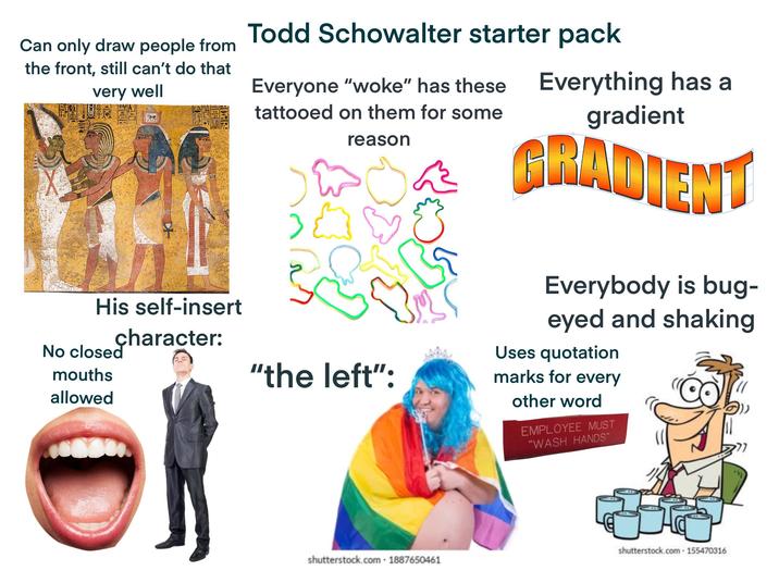 Can only draw people from the front, still can't do that very well His self-insert Todd Schowalter starter pack Everyone "woke" has these tattooed on them for some reason character: No closed mouths "the left": allowed shutterstock.com · 1887650461 . Everything has a gradient GRADIENT Everybody is bug- eyed and shaking Uses quotation marks for every other word EMPLOYEE MUST "WASH HANDS" shutterstock.com. 155470316