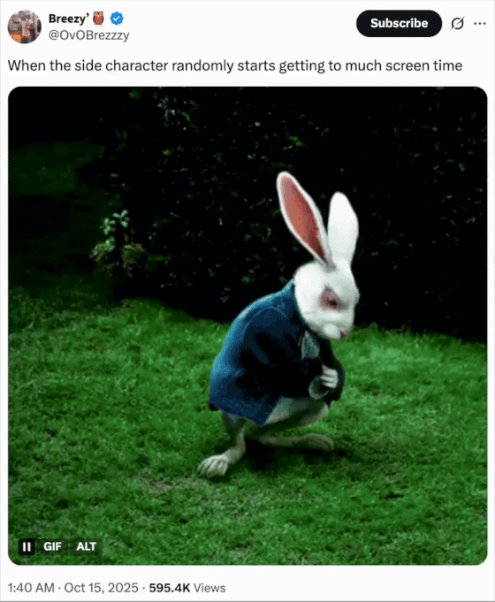 A "tweet":https://knowyourmeme.com/memes/sites/twitter-x using the White Rabbit Pointing at a Clock "GIF":https://knowyourmeme.com/memes/cultures/gif from the 2010 live-action "_Alice in Wonderland_":https://knowyourmeme.com/memes/subcultures/alice-in-wonderland live-action film.