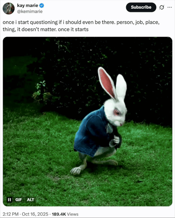 A "tweet":https://knowyourmeme.com/memes/sites/twitter-x using the White Rabbit Pointing at a Clock "GIF":https://knowyourmeme.com/memes/cultures/gif from the 2010 live-action "_Alice in Wonderland_":https://knowyourmeme.com/memes/subcultures/alice-in-wonderland live-action film.