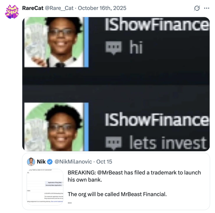 X user @Rare__Cat tweeted a graphic showing a "IShowFinance" graphic, playing on the streamer "IShowSpeed" saying "lets invest."