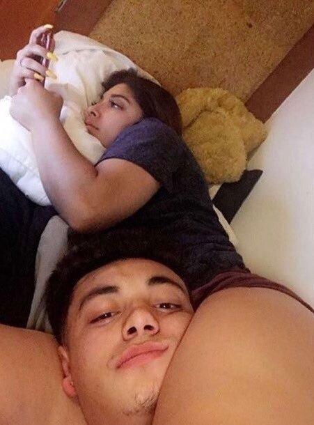 A selfie photo taken by a man crushed by his girlfriend's thighs. The image was posted to Tumblr on June 19th, 2018.