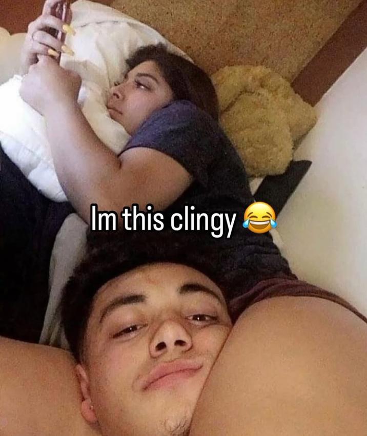 A meme of a man being crushed by a girl's thighs captioned, "Im this clingy." The image is a redraw format.