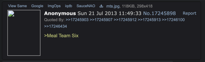 The original use of the term Meal Team 6 on 4chan's /k/ (weapons) board in 2013.