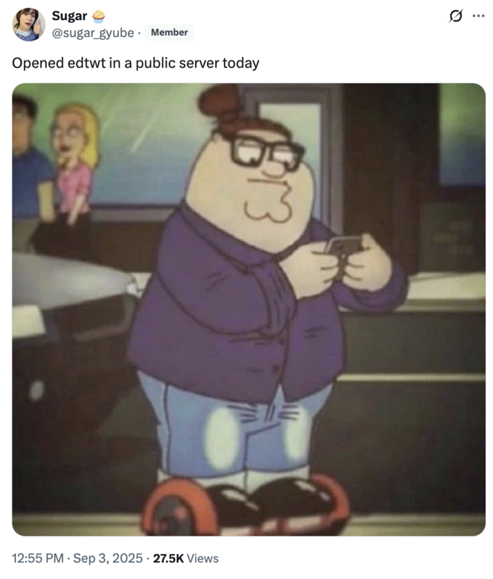 X user @sugar_gyube tweeted, "Opened edtwt in a public server today," gathering over 3,000 likes in a month.