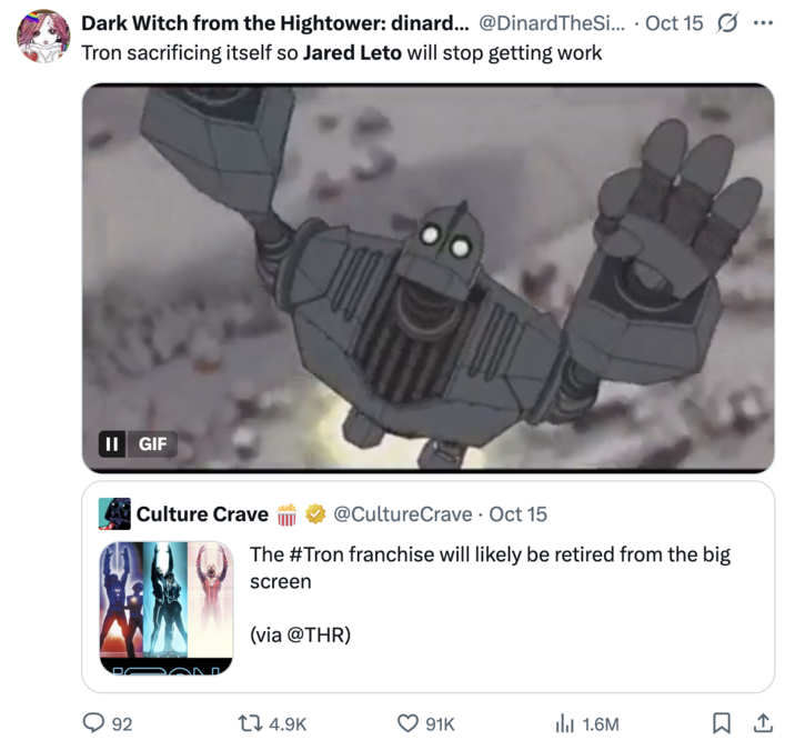 October 15th, 2025 tweet by @DinardTheSilly X user @DinardTheSilly tweeted, "Tron sacrificing itself so Jared Leto will stop getting work."