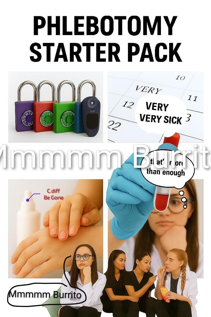 PHLEBOTOMY STARTER PACK 22 VERY 12 VERY 10 VERY SICK at or 11 3 Immmm Buit than enough C.diff Be Gone Mmmmm Burrito