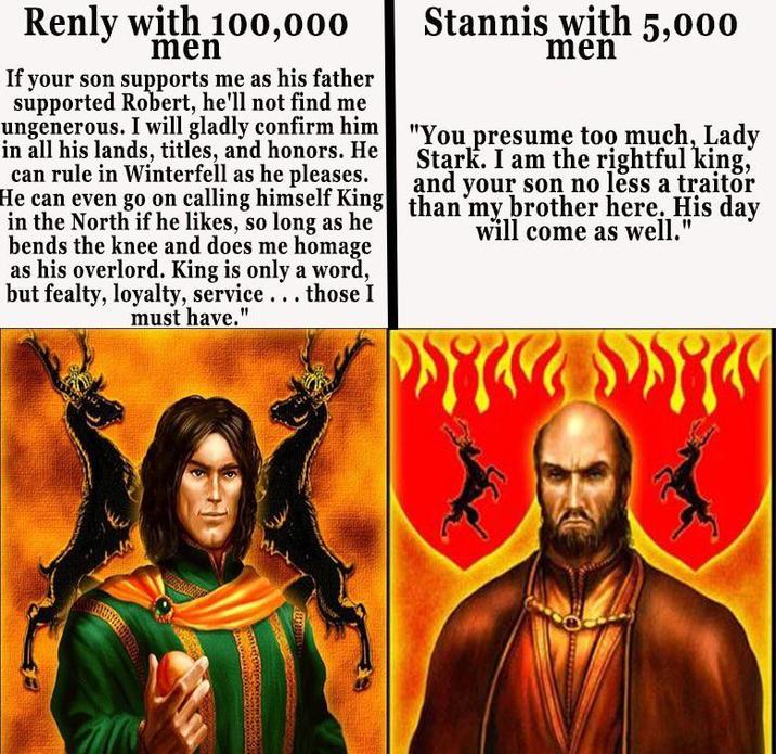 Renly with 100,000 men If your son supports me as his father supported Robert, he'll not find me ungenerous. I will gladly confirm him in all his lands, titles, and honors. He can rule in Winterfell as he pleases. He can even go on calling himself King in the North if he likes, so long as he bends the knee and does me homage as his overlord. King is only a word, but fealty, loyalty, service. . . those I must have." Stannis with 5,000 men "You presume too much, Lady Stark. I am the rightful king, than my brother here. His day and your son no less a traitor will come as well."