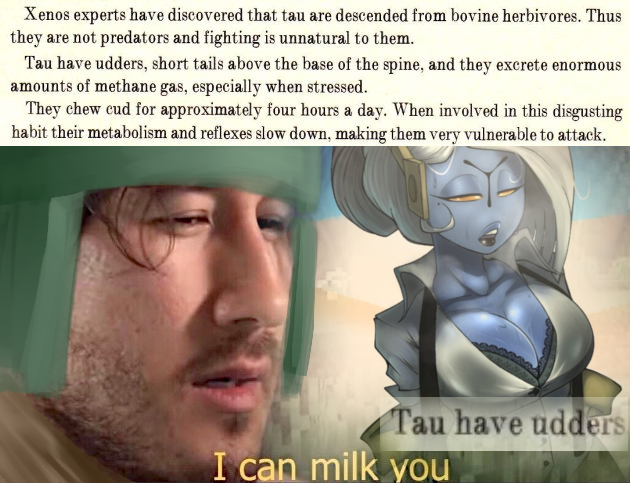 Xenos experts have discovered that tau are descended from bovine herbivores. Thus they are not predators and fighting is unnatural to them. Tau have udders, short tails above the base of the spine, and they excrete enormous amounts of methane gas, especially when stressed. They chew cud for approximately four hours a day. When involved in this disgusting habit their metabolism and reflexes slow down, making them very vulnerable to attack. Tau have udders I can milk you