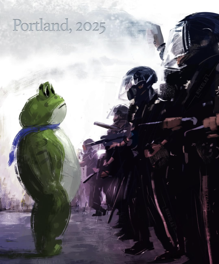 Los Angeles-based activist and #1 NYT bestselling author and illustrator, Nikkolas Smith, drew a photo of the Portland Frog on October 7th, 2025, gathering over 35,000 likes in ten days.