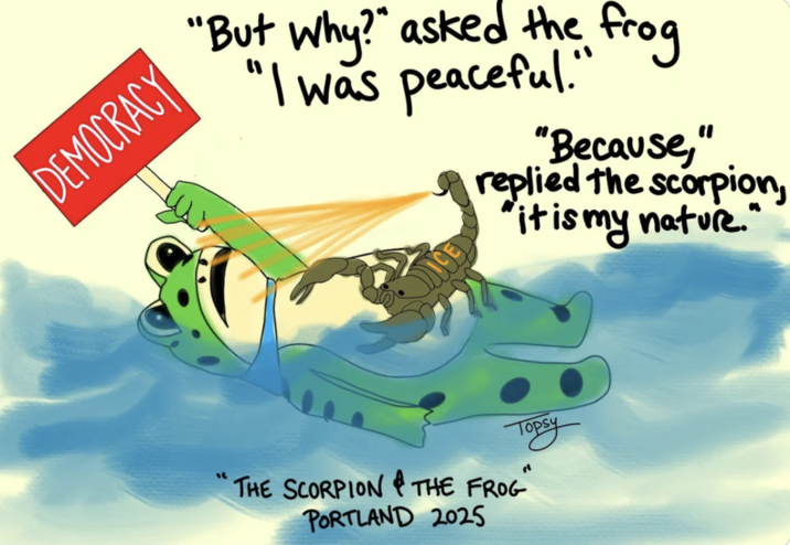 Redditor u/TopZ-undercover posted a comic showing an ICE-scorpion stinging the Portland Frog, gathering over 2,000 upvotes in two weeks.