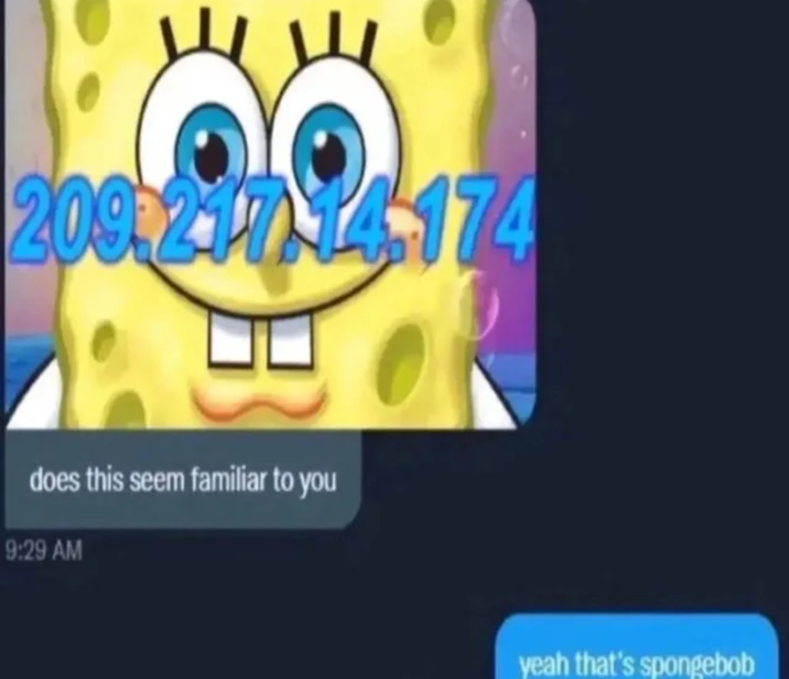 209-217-14-174 does this seem familiar to you 9:29 AM yeah that's spongebob
