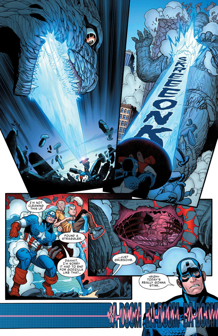 I'M NOT CLEANING THIS UP. wwwww FOUND A STRAGGLER. DAMMIT. I'M SORRY IT HAD TO END FOR GODZILLA LIKE THAT... ...JUST GRUESOME. T *SIGH÷ TODAY'S REALLY GONNA STINK. an LON PACIE W