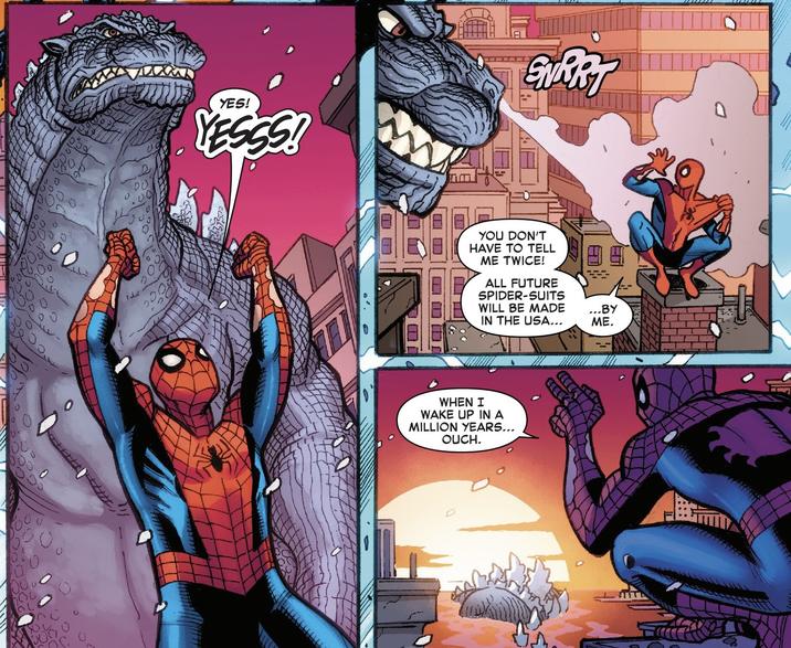 200 0 YES! YESSS! ENKRT YOU DON'T HAVE TO TELL ME TWICE! ALL FUTURE SPIDER-SUITS WILL BE MADE IN THE USA... WHEN I WAKE UP IN A MILLION YEARS... OUCH. ...BY ME.