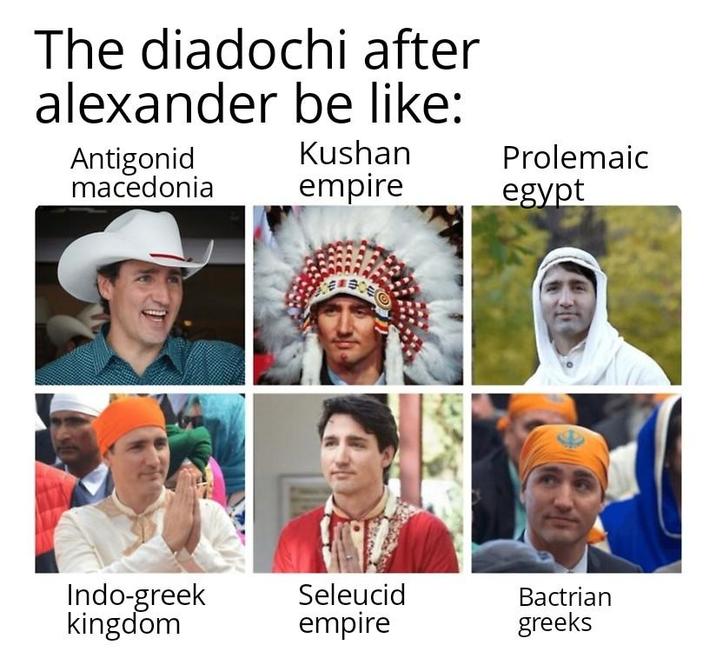 The diadochi after alexander be like: Antigonid macedonia Kushan empire Prolemaic egypt Indo-greek kingdom Seleucid empire Bactrian greeks