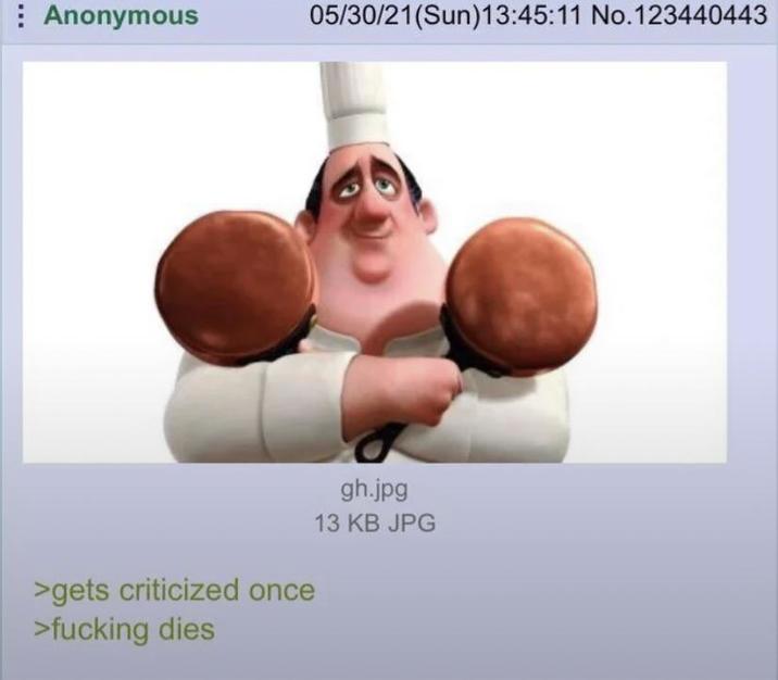 Anonymous 05/30/21(Sun)13:45:11 No.123440443 >gets criticized once >f------ dies gh.jpg 13 KB JPG