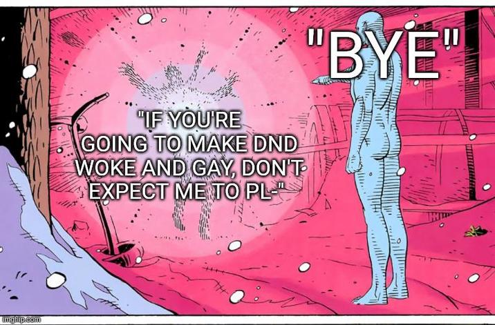 "IF YOU'RE GOING TO MAKE DND WOKE AND GAY, DON'T EXPECT ME TO PL- "BYE" imgflip.com TH