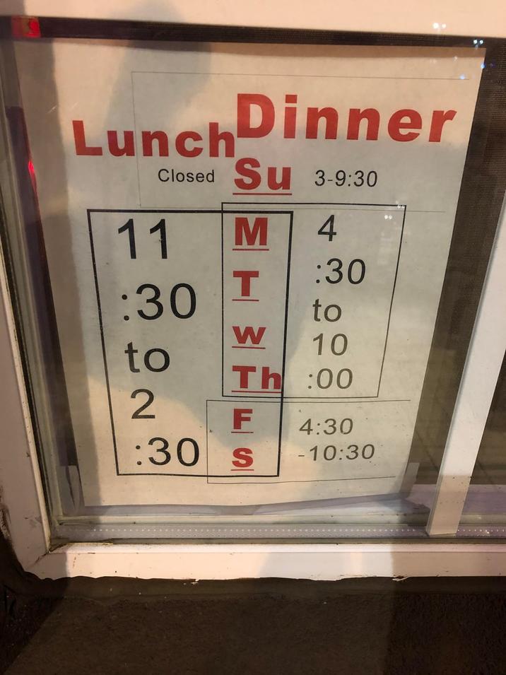 Lunch Dinner Closed Su 3-9:30 11 M 4 :30 T :30 to W to 10 Th :00 2 F :30 s 4:30 -10:30