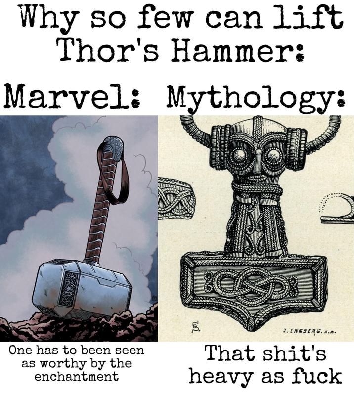 Why so few can lift Thor's Hammer: Marvel: Mythology: One has to been seen as worthy by the enchantment 702 J. ENGBERG. K.A. That s---'s heavy as f---