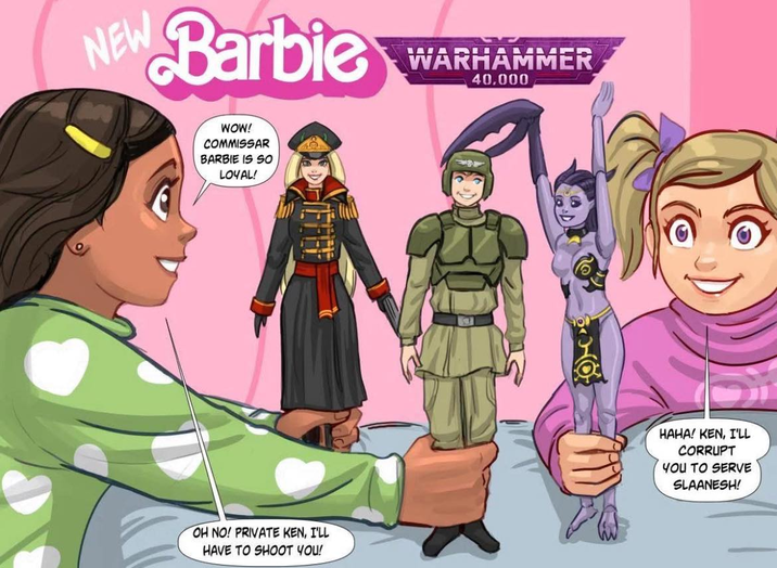 NEW Barbie WOW! COMMISSAR BARBIE IS SO LOYAL! OH NO! PRIVATE KEN, I'LL HAVE TO SHOOT YOU! WARHAMMER 40.000 HAHA! KEN, I'LL CORRUPT YOU TO SERVE SLAANESH!