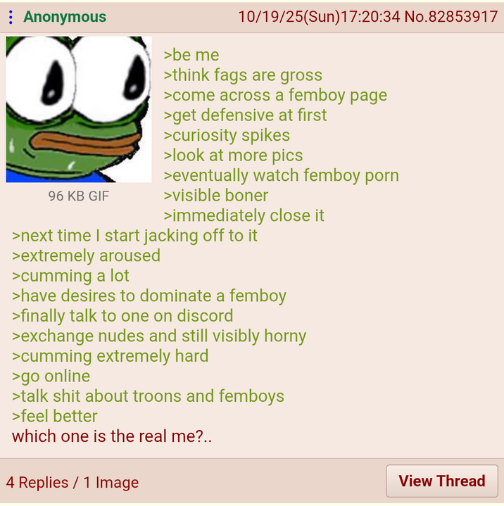 Anonymous >be me 10/19/25(Sun)17:20:34 No.82853917 >think f--- are gross >come across a femboy page >get defensive at first >curiosity spikes >look at more pics >eventually watch femboy p--- 96 KB GIF >visible boner >immediately close it >next time I start jacking off to it >extremely aroused >c------ a lot >have desires to dominate a femboy >finally talk to one on discord >exchange nudes and still visibly horny >c------ extremely hard >go online >talk s--- about troons and femboys >feel better which one is the real me?.. 4 Replies / 1 Image View Thread