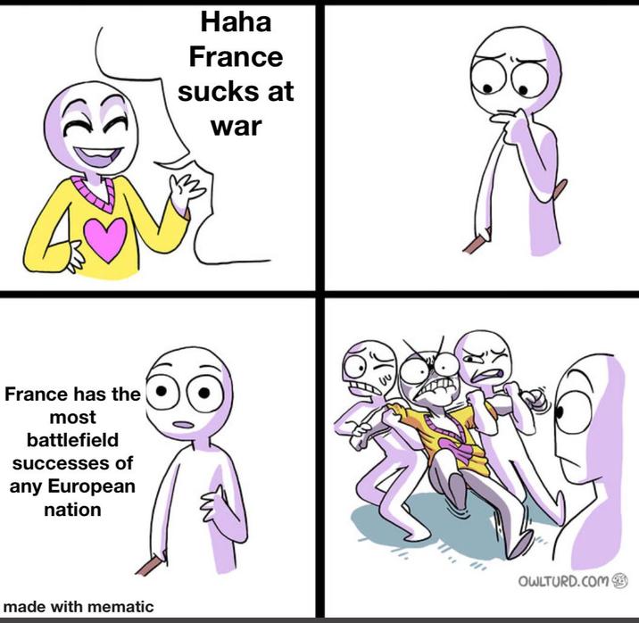 France has the most battlefield successes of any European nation made with mematic Haha France sucks at war OWLTURD.COM