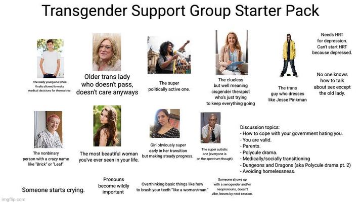 Transgender Support Group Starter Pack Needs HRT for depression. Can't start HRT because depressed. The really young one who's finally allowed to make Older trans lady who doesn't pass, medical decisions for themselves doesn't care anyways WAKE The super politically active one. The clueless but well meaning cisgender therapist who's just trying to keep everything going The trans guy who dresses like Jesse Pinkman No one knows how to talk about sex except the old lady. The nonbinary person with a crazy name like "Brick" or "Leaf" The most beautiful woman you've ever seen in your life. Someone starts crying. imgflip.com Pronouns become wildly important Girl obviously super early in her transition The super autistic one (everyone is but making steady progress. on the spectrum though) Overthinking basic things like how to brush your teeth "like a woman/man." Discussion topics: - How to cope with your government hating you. -You are valid. - Parents. -Polycule drama. - Medically/socially transitioning - Dungeons and Dragons (aka Polycule drama pt. 2) - Avoiding homelessness. Someone shows up with a xenogender and/or neopronouns, doesn't vibe, leaves by next session.