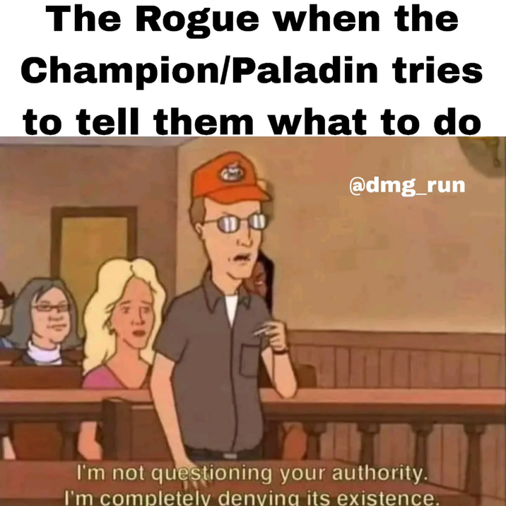 The Rogue when the Champion/Paladin tries to tell them what to do @dmg_run I'm not questioning your authority. I'm completely denying its existence.
