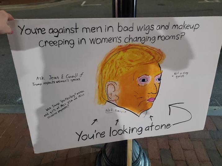 You're against men in bad wigs and makeup Creeping in women's changing rooms? Ask Jean E. Carroll if Trump respects women's spaces. Was Trump "protecting" women and girls at Miss USA and Miss Universe pageants? Not transa 1 You're looking atone. Not a drag ← queen