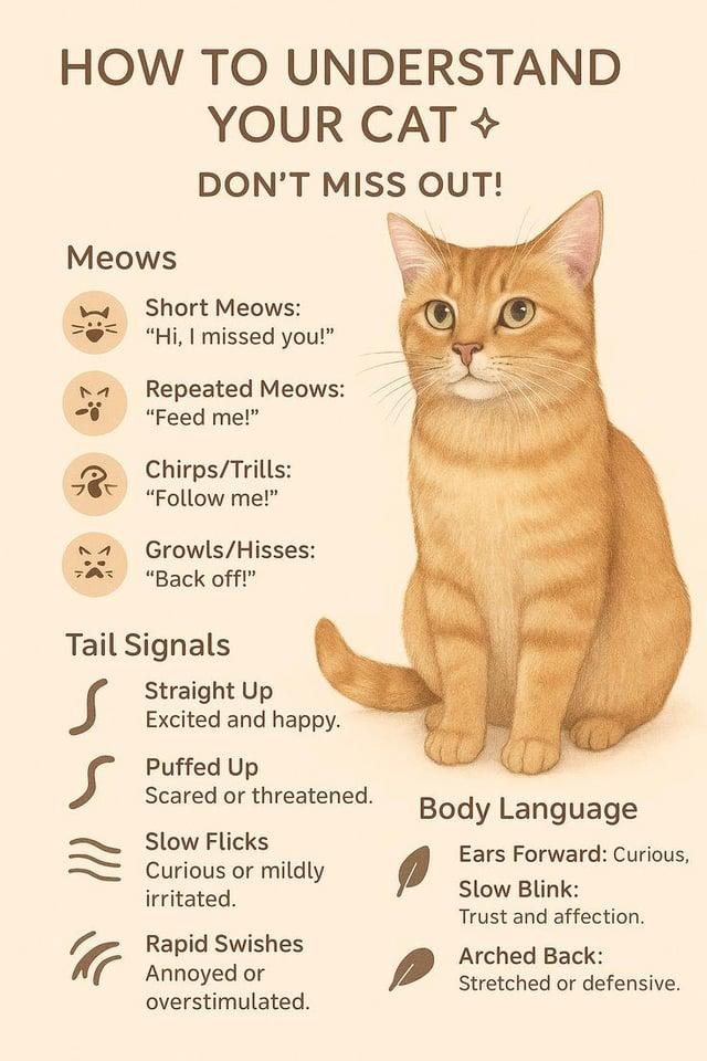 HOW TO UNDERSTAND Meows 8 YOUR CAT DON'T MISS OUT! Short Meows: "Hi, I missed you!" Repeated Meows: "Feed me!" Chirps/Trills: "Follow me!" Growls/Hisses: "Back off!" Tail Signals Straight Up Excited and happy. Puffed Up Scared or threatened. Slow Flicks Curious or mildly irritated. Rapid Swishes Annoyed or A Body Language Ears Forward: Curious, Slow Blink: Trust and affection. Arched Back: Stretched or defensive. overstimulated.