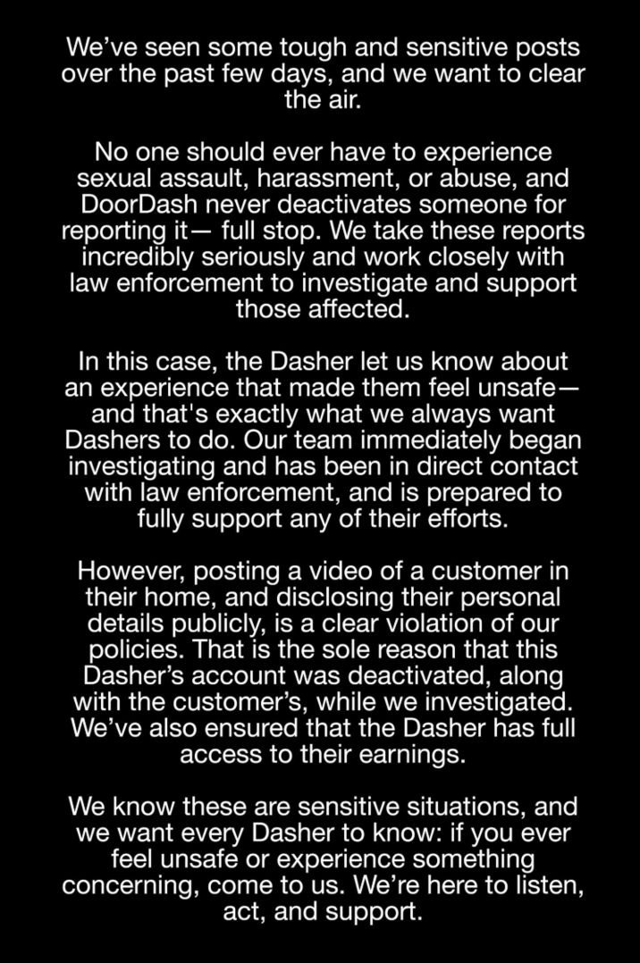 An official response from DoorDash regarding the DoorDash SA Girl controversy.