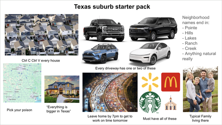 EXAS ☐ Texas suburb starter pack Ctrl C Ctrl V every house Fils McKinney Piano Fort Worth Dallas Waco Killeena Temple Every driveway has one or two of these M Culege Slab Round Rock Fredericksburg Austin New Braunfeli San Antonio Pick Katy Houston your poison "Everything is bigger in Texas" TM Neighborhood names end in: - Pointe - Hills - Lakes - Ranch - Creek - Anything natural really Leave home by 7pm to get to Must have all of these work on time tomorrow Typical Family living there