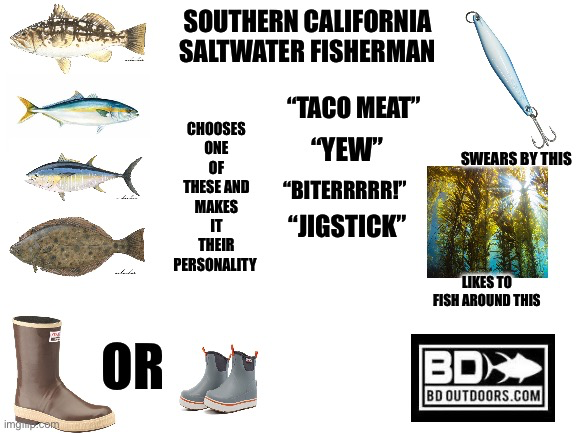 imgmp.com.m OR SOUTHERN CALIFORNIA SALTWATER FISHERMAN “TACO MEAT” CHOOSES ONE "YEW" OF THESE AND “BITERRRRR!" MAKES IT THEIR PERSONALITY "JIGSTICK" SWEARS BY THIS LIKES TO FISH AROUND THIS BDX BD OUTDOORS.COM