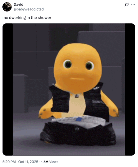 me dwerking in the shower A "tweet":https://knowyourmeme.com/memes/sites/twitter-x using the "Nailong":https://knowyourmeme.com/memes/nailong Dancing "GIF":https://knowyourmeme.com/memes/cultures/gif, joking about "dwerking":https://knowyourmeme.com/memes/dwerking in the shower.