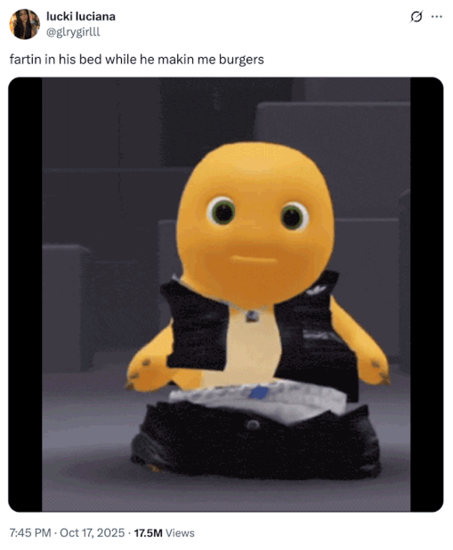 fartin in his bed while he makin me burgers A "tweet":https://knowyourmeme.com/memes/sites/twitter-x using the reaction "GIF":https://knowyourmeme.com/memes/cultures/gif of "Nailong":https://knowyourmeme.com/memes/nailong doing a "dwerk":https://knowyourmeme.com/memes/dwerking dance, captioned, "Farting in his bed while he making me burgers."