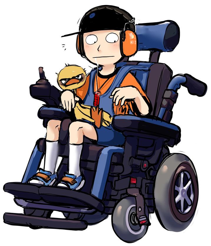 "Fan art":https://knowyourmeme.com/memes/cultures/fan-art of a disabled Kevin Spencer in an electric wheelchair, seemingly with cerebral palsy.