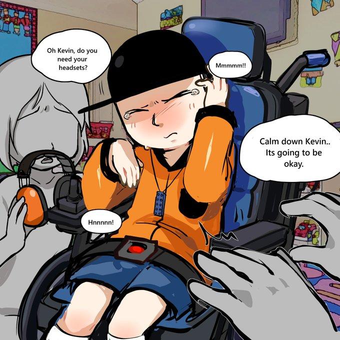 A piece of Disabled Kevin Spencer "fan art":https://knowyourmeme.com/memes/cultures/fan-art, showing the character in a wheelchair with someone asking in a speech bubble, "Oh Kevin, do you need you headsets?"