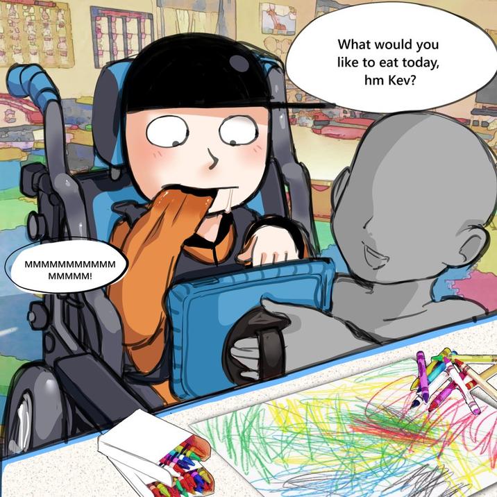 "Fan art":https://knowyourmeme.com/memes/cultures/fan-art of a disabled Kevin Spencer in an electric wheelchair, seemingly with cerebral palsy.