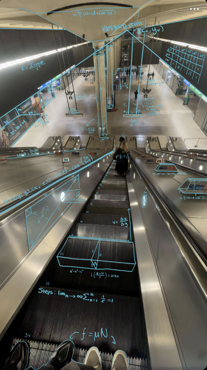October 12th, 2025, TikTok by @tripleamaths TikToker @tripleamaths posted an image showing two people descending into a subway station via escalator. The image was covered in mathematical equations calculating the length of each step, the slope of the ceiling, and the depth and mass of various shapes in the image.