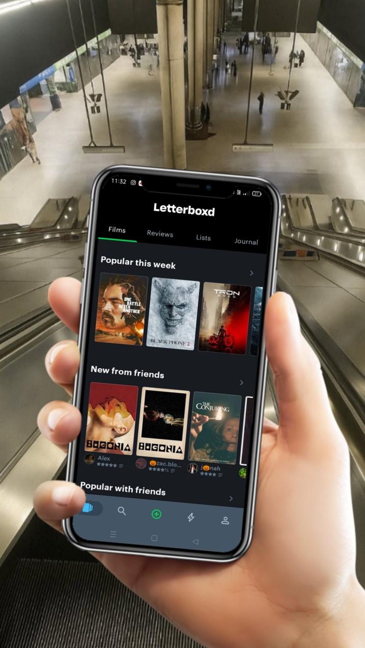 October 20th, 2025 tweet by @biancalovesfilm X user @biancalovesfilm posted an image of a hand holding up a phone with the Letterboxd film review app on it, writing, "how my ass sees the world 💔💔"