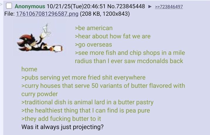 Anonymous 10/21/25(Tue)20:46:51 No.723845448 ►>>723846497 File: 1761067081296587.png (208 KB, 1200x843) home >be american >hear about how fat we are >go overseas >see more fish and chip shops in a mile radius than I ever saw mcdonalds back >pubs serving yet more fried s--- everywhere >curry houses that serve 50 variants of butter flavored with curry powder >traditional dish is animal lard in a butter pastry >the healthiest thing that I can find is pea pure >they add f------ butter to it Was it always just projecting?