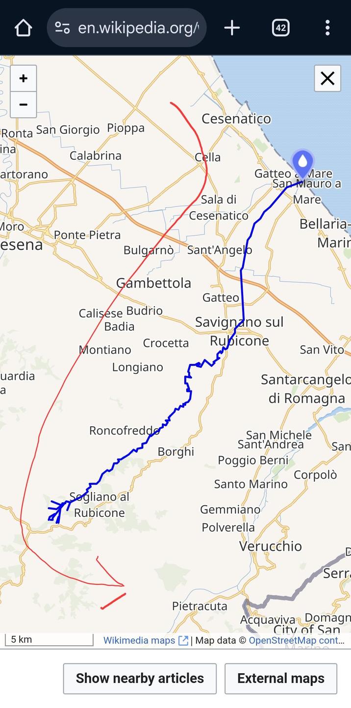 + - º en.wikipedia.org/ + Ronta San Giorgio Pioppa 42 Cesenatico ☑ Mare San Mauro a Mare Bellaria- Marin ina Calabrina artorano Cella Gatteo Sala di Cesenatico Moro Ponte Pietra esena Bulgarnò Sant'Angelo Gambettola Gatteo Calisese Budrio Badia Savignano sul Crocetta Rubicone Montiano Longiano uardia a 5 km San Vito Santarcangelo di Romagna San Michele Roncofredde Sant'Andrea San Borghi Poggio Berni Corpolò Santo Marino Segliano al Rubicone Gemmiano Polverella Verucchio Serr Pietracuta Acquaviva Domagn City of San Wikimedia maps | Map data © OpenStreetMap cont... Show nearby articles External maps