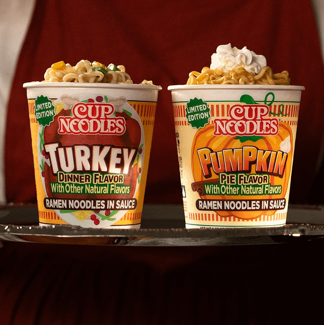 LIMITED EDITION CUP NOODLES TURKEY DINNER FLAVOR With Other Natural Flavors RAMEN NOODLES IN SAUCE LIMITED EDITION TERCUPHA NOODLES PUMPKIN PIE FLAVOR With Other Natural Flavors RAMEN NOODLES IN SAUCE