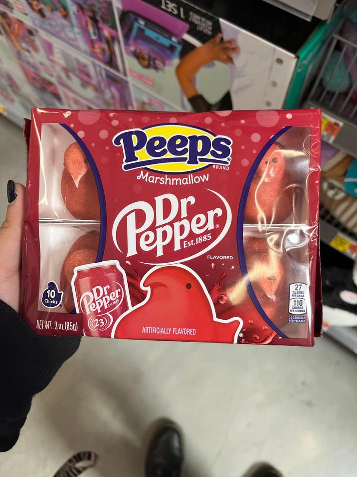 10 Chicks NETWT.3 oz (85g) Dr epper Pepper 23 Est.1885 Peeps Marshmallow BRAND Pepper Est.1885 FLAVORED ARTIFICIALLY FLAVORED 27 CALORIES PER CHICK 110 CALORIES PER SERVING 25 SERVINGS PER PACKAGE
